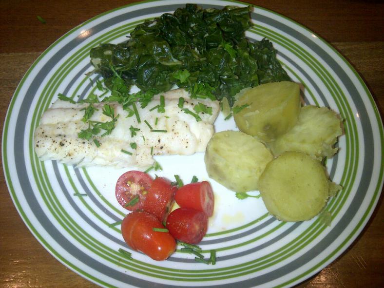 Grilled kingkilp, sweet potato, spinach and tomatoes